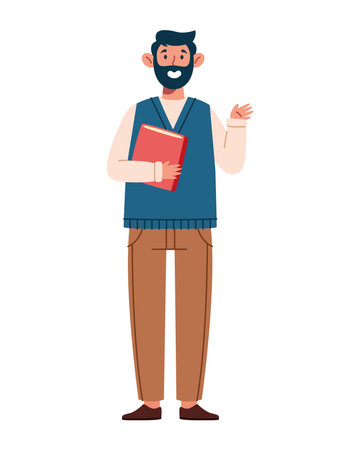 Bearded Teacher Waving Holding Book Friendly Character Education Cartoon School Pose Greeting Standingのイラスト素材