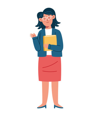 Female Teacher Waving Book Character Education School Greeting Friendly Classroom Standing Pose Smileのイラスト素材