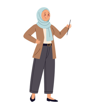 Teacher Hijab Female Pointer Teaching Education Standing School Modern Character Muslim Lesson Poseのイラスト素材