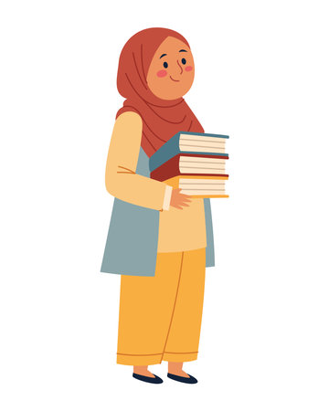 Teacher Hijab Holding Books Female Muslim Character School Education Knowledge Pose Standing Teachingのイラスト素材