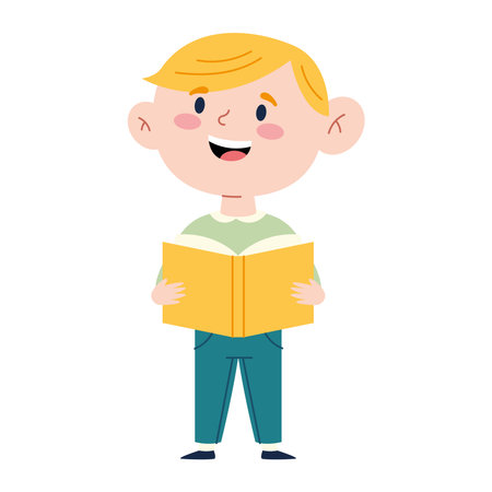 Preschool Boy Holding Book Smiling Education Character Classroom Child Reading School Happy Learningのイラスト素材