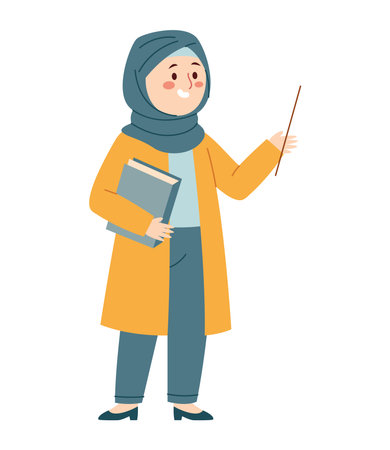 Hijab Teacher Education Book Pointing Character Muslim Classroom School Teaching Female Pose Lessonのイラスト素材