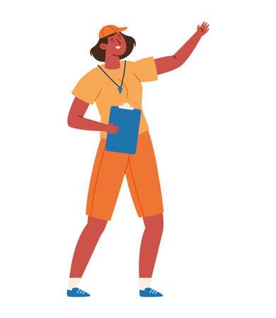 Gym Teacher Sport Instructor Woman Pose Clipboard Cartoon Coach Training Fitness Energy Active Characterのイラスト素材