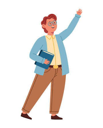 Teacher Waving Male Holding Books Education Greeting Happy Classroom Character Friendly Standing Poseのイラスト素材