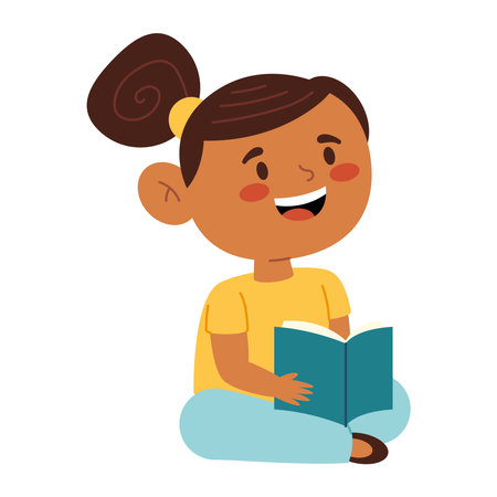 Preschool Girl Sitting Reading Book Character Happy Classroom Learning Cartoon Child Education Schoolのイラスト素材