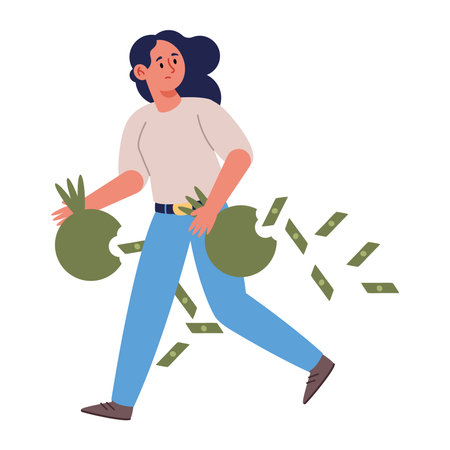 Losing Money Running Woman Finance Fall Cash Bag Drop Cartoon Dollar Despair Debt Escaping Backgroundのイラスト素材
