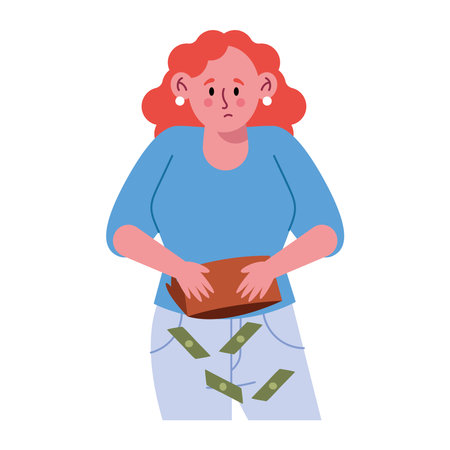 Losing Money Woman Broke Wallet Drop Bills Sad Cartoon Character Poor Finance Empty Background Gestureのイラスト素材