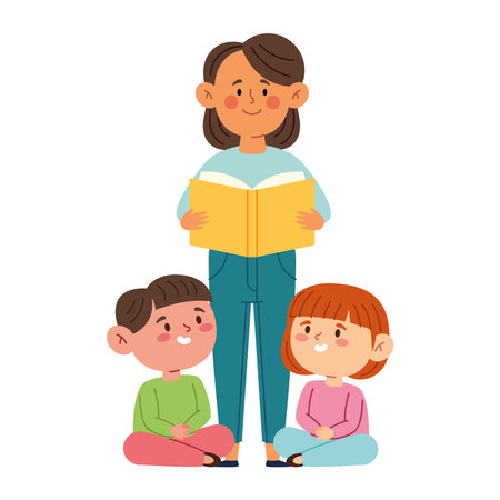 Preschool Teacher Reading With Kids Sitting Education Classroom Book Learning Support Group Illustrationのイラスト素材