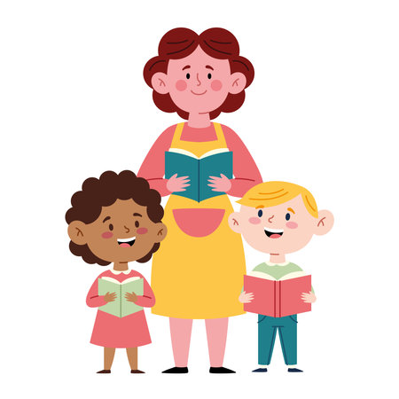 Preschool Teacher With Children Reading Education Book Happy Class Character Support Learning Illustrationのイラスト素材