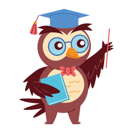 Owl Teacher Cartoon Graduation Pointer Book Education Smart Gown Glasses Wisdom Knowledge School Birdのイラスト素材