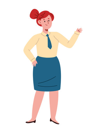 Female Teacher Waving Greeting Pose Character School Education Standing Classroom Friendly Cartoon Bookのイラスト素材