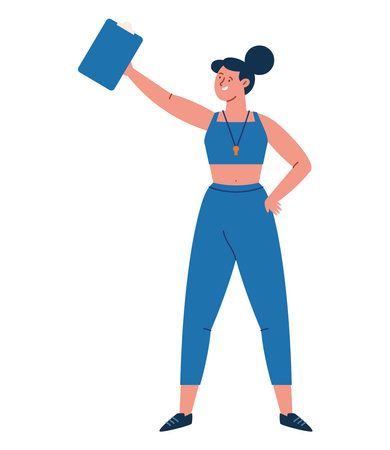 Gym Teacher Woman Holding Book Fitness Trainer Sport Character Active Pose Energy Cartoon Health Instructorのイラスト素材