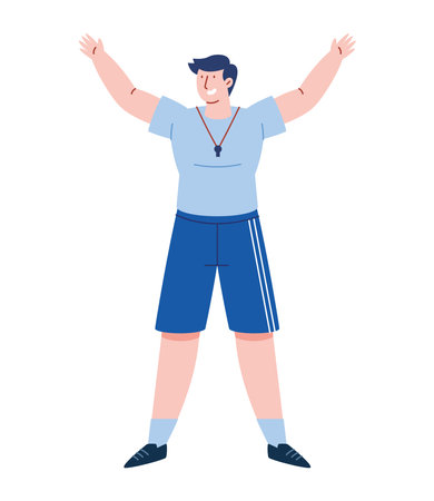 Gym Teacher Male Cheerful Pose Fitness Coach Character Sport Active Confident Whistle Energy Backgroundのイラスト素材