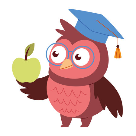 Owl Teacher Graduation Holding Apple Cartoon Character Smart Education Wisdom Glasses Bird Schoolのイラスト素材