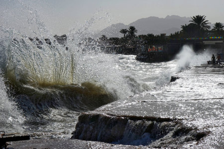 Storm caused by south wind flooded embankment of Dahab