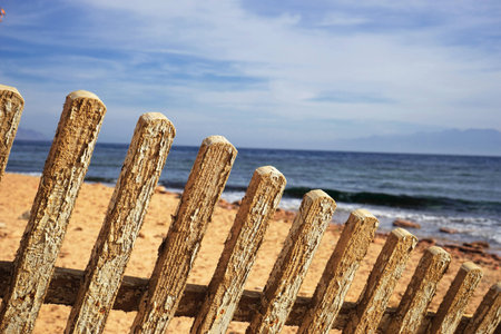 The sea over the fence. Red Sea. Dahab. Egypt.の写真素材