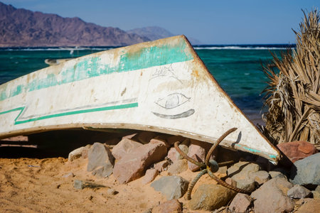 Fishing boat on the reef during the storm. Red Sea. Dahab.Egypt.の写真素材