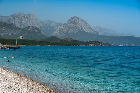 Pebble beach with mountain views, Kemer city, TÃ¼rkiyeの写真素材