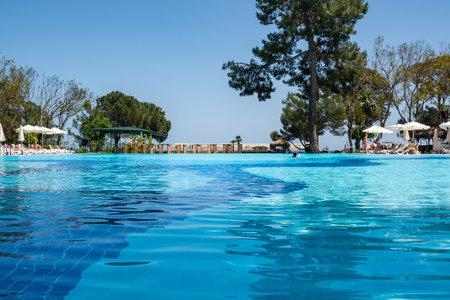 Beautiful views of the outdoor swimming pool on the Mediterranean coastの写真素材