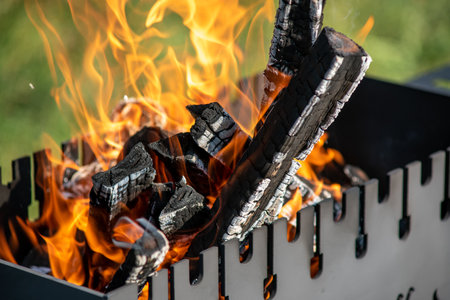 Grill with burning wood and bright fire. Close up