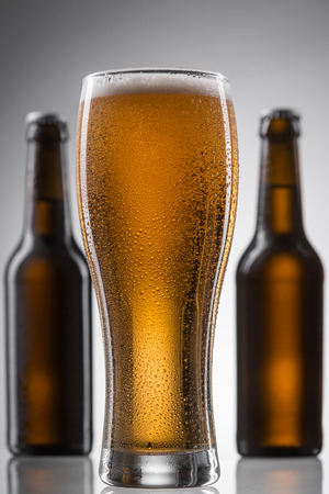 Sparkling beer in a glass. Little head on top of tall beer glass surrounded with two unopened brown bottles. Vertical still life on grey background.の写真素材
