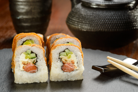 Eel and smoked salmon rollsの写真素材