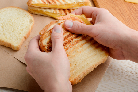 Hands holding a sandwichの写真素材