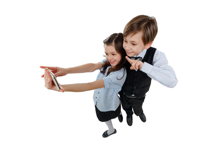 Kids taking a selfieの写真素材