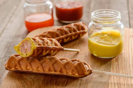 Waffle corn dogsの写真素材