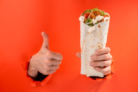 Hand holding a doner rollの写真素材
