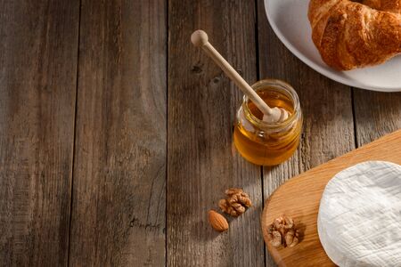 Ingredients on a rustic wooden table with copy spaceの写真素材