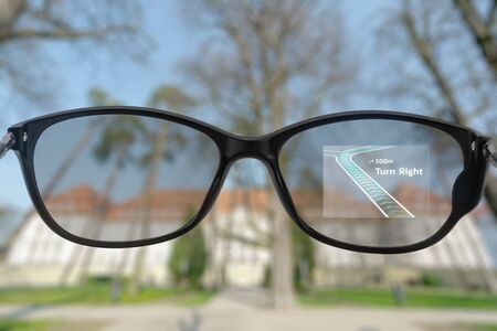 Maps app showing on smart glasses lensの写真素材