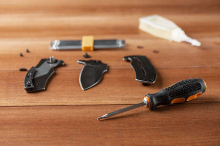 Screwdriver, parts of a folding knife, bits and a bottle of household oil