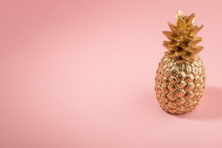Golden painted pineapple on pink background with copy spaceの写真素材