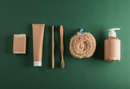 Handmade soap, toothpaste, bamboo toothbrushes, loofah sponge and shampooの写真素材