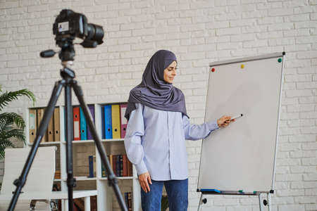 Successful Arabian business woman explaining something on a whiteboardの写真素材