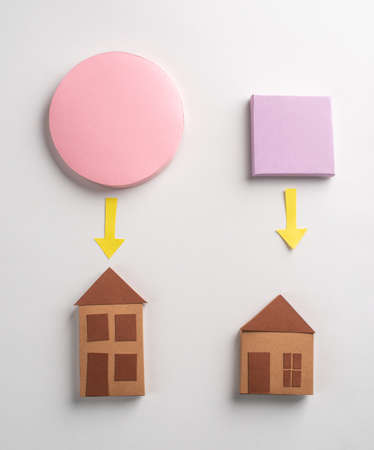 3D paper houses, circle, square and arrows on white backgroundの写真素材