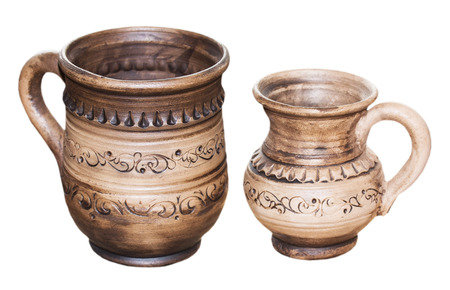 vintage pots with ornament on white background.