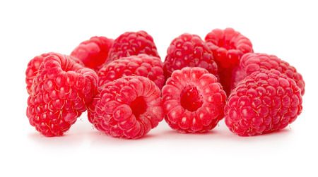 juicy raspberries on the white background.