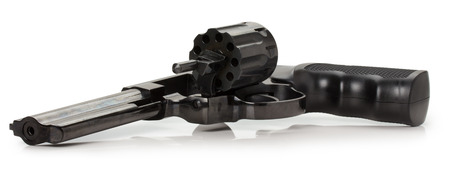 black revolver with an open drum.