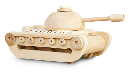 wooden model of tank on the white background.の写真素材