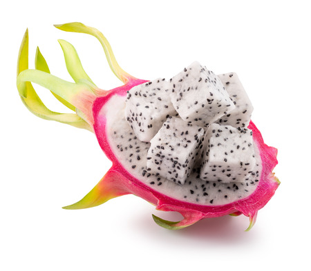 pitaya or dragon fruit with cube slices isolated on the white background.の写真素材