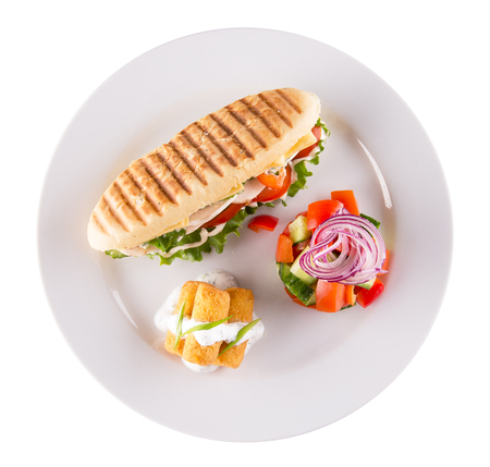 vegetarian breakfast  with sandwich and salad.の写真素材