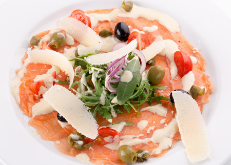 close up of carpaccio with salmon.の写真素材
