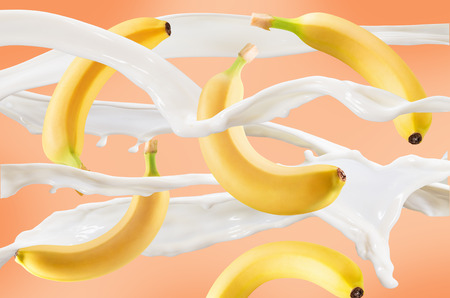 milk splash with Bananas on orange background.の写真素材