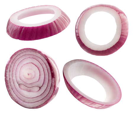 collection of onion slices isolated on a white background.の写真素材