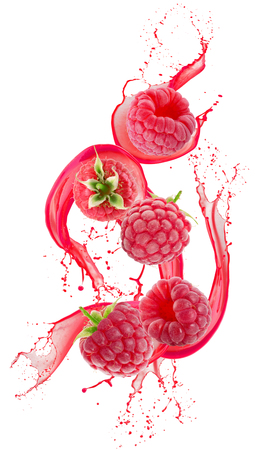 raspberries in juice splash isolated on a white background.の写真素材