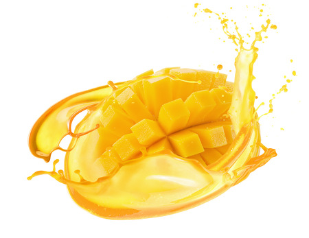 mango in juice splash isolated on a white background.の写真素材