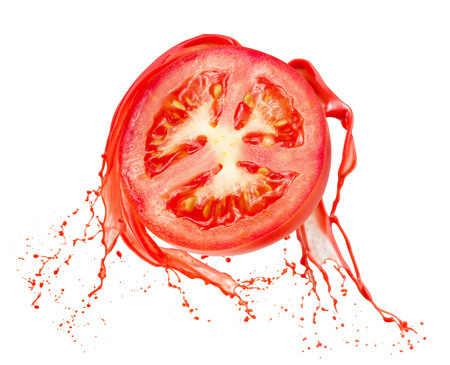 tomato slice in juice splash isolated on a white background.の写真素材