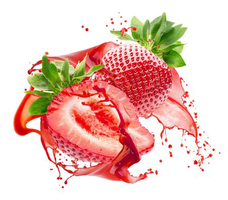 strawberries in juice splash isolated on a white background.の写真素材